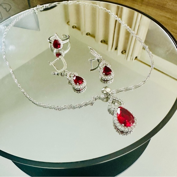 Sterling Silver 925 Set Red Teardrop Ring Earrings Necklace Zircons Solid - Picture 10 of 14